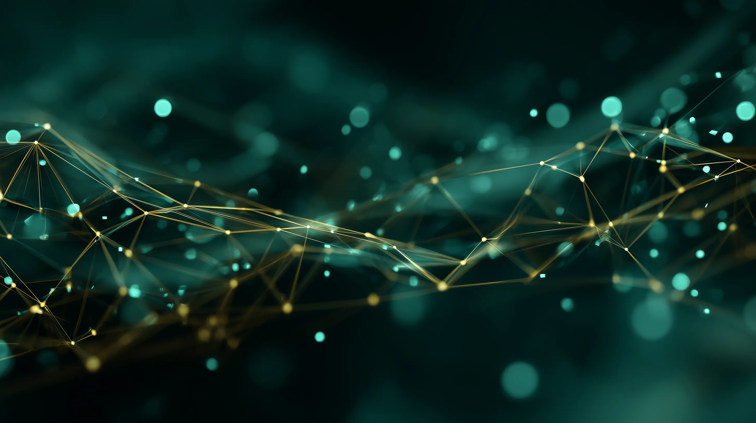 Network of autonomous AI agents represented by interconnected golden nodes on a teal background