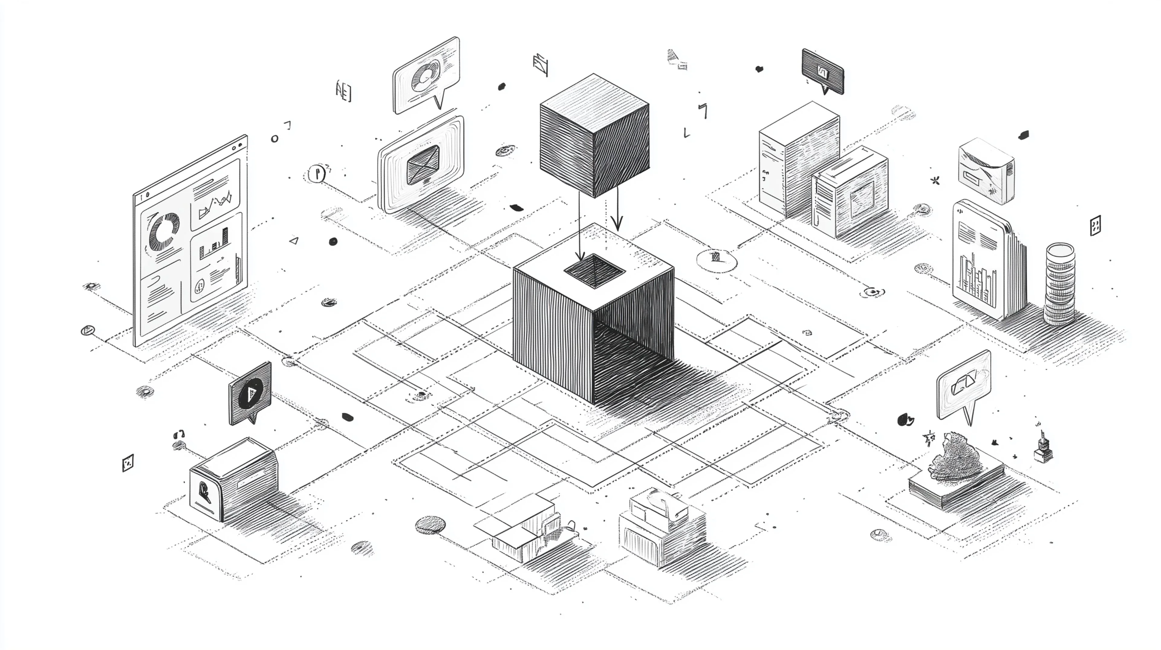 Isometric illustration of cloud data infrastructure showing how AI systems process and learn from data